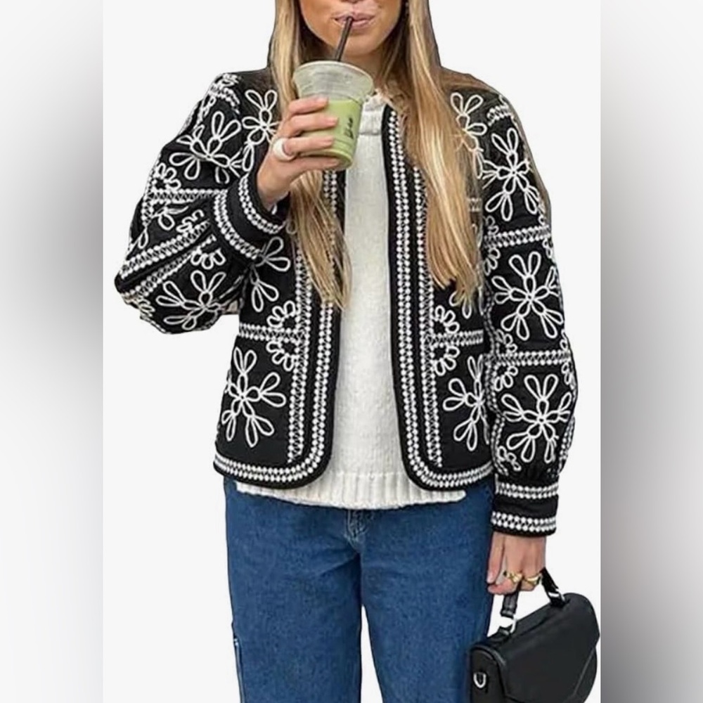 Black & White Embroidered Floral Open Front Jacket | Boho Chic Cardigan